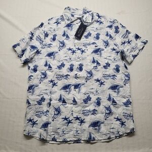 Vineyard Vines Linen Shirt Men Medium White Harbour Icons Hawaiian Tropical Camp